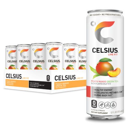 CELSIUS Peach Mango Green Tea Non-Carbonated Fitness Drink, Zero Sugar, 12oz. Slim Can, 12 Pack